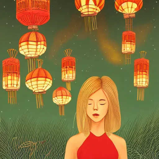 Prompt: a beautiful blonde girl with hair blowing in the wind, in a garden of lanterns and fireflies, illustration by trina schart hyman