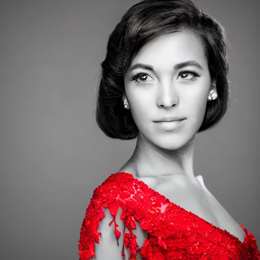 Image similar to a detailed portrait photo of elegant woman, noire photo, grayscale photo with red dress, photo by Michael David Rock, 8K, 50mm lens