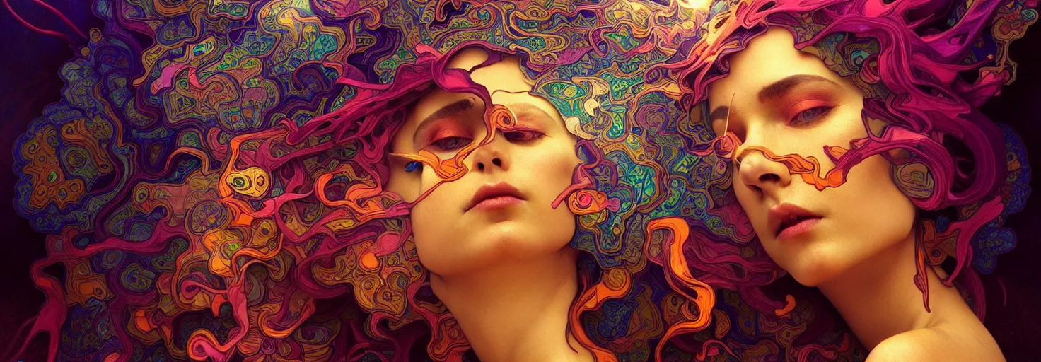 Image similar to An extremely psychedelic experience, colorful, surreal, dramatic lighting, psilocybin, LSD, centered, face, detailed, intricate, elegant, highly detailed, digital painting, artstation, concept art, smooth, sharp focus, illustration, art by Marco Plouffe, Krenz Cushart and Artem Demura and alphonse mucha