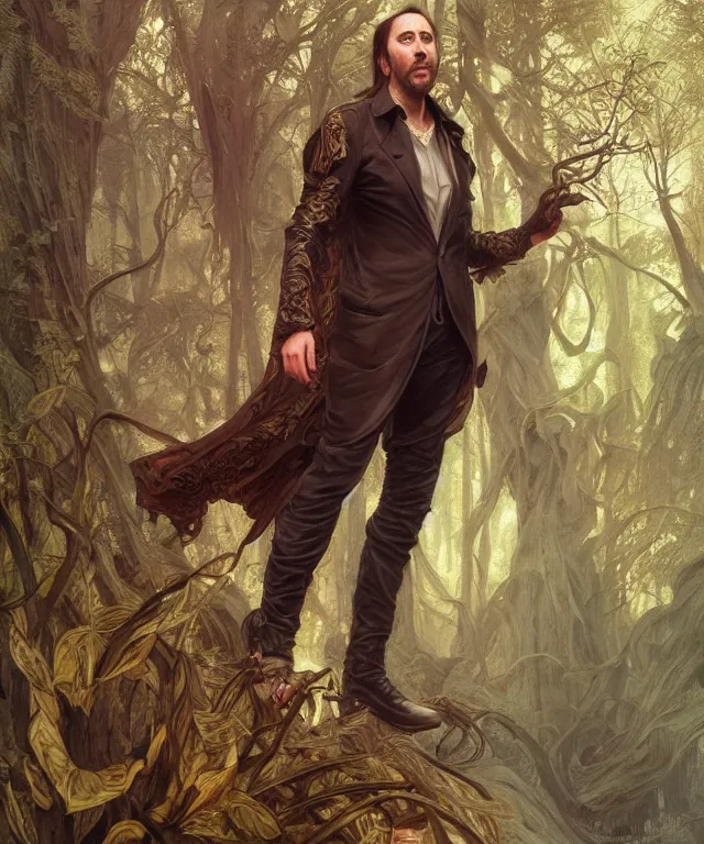 Image similar to epic full body portrait of Nicolas Cage fantasy, intricate, elegant, highly detailed, digital painting, artstation, concept art, smooth, sharp focus, illustration, deep forest on background, art by artgerm and greg rutkowski and alphonse mucha,