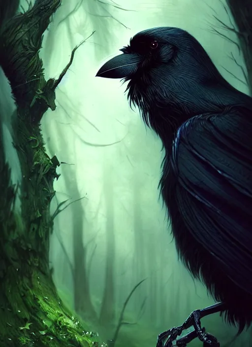 Image similar to side portrait dark crow (animal), close-up, fantasy forest landscape, moonshine, fantasy magic, nice black feather, proud, green dark light night, intricate, elegant, sharp focus, illustration, highly detailed, digital painting, concept art, matte, art by WLOP and Artgerm and Greg Rutkowski and Alphonse Mucha, masterpiece