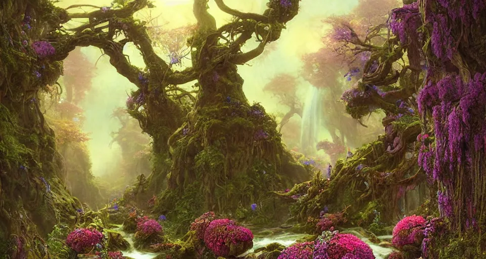 Image similar to a large alien shrine shrouded by mystic nebula magic in a field of flowers, ferdinand knab, breath - taking beautiful trees, streams, flowers, and mist, an aesthetically pleasing, dynamic, energetic, lively, complex, intricate, detailed, well - designed digital art of trees, streams, flowers, and mist, early morning, light and shadow