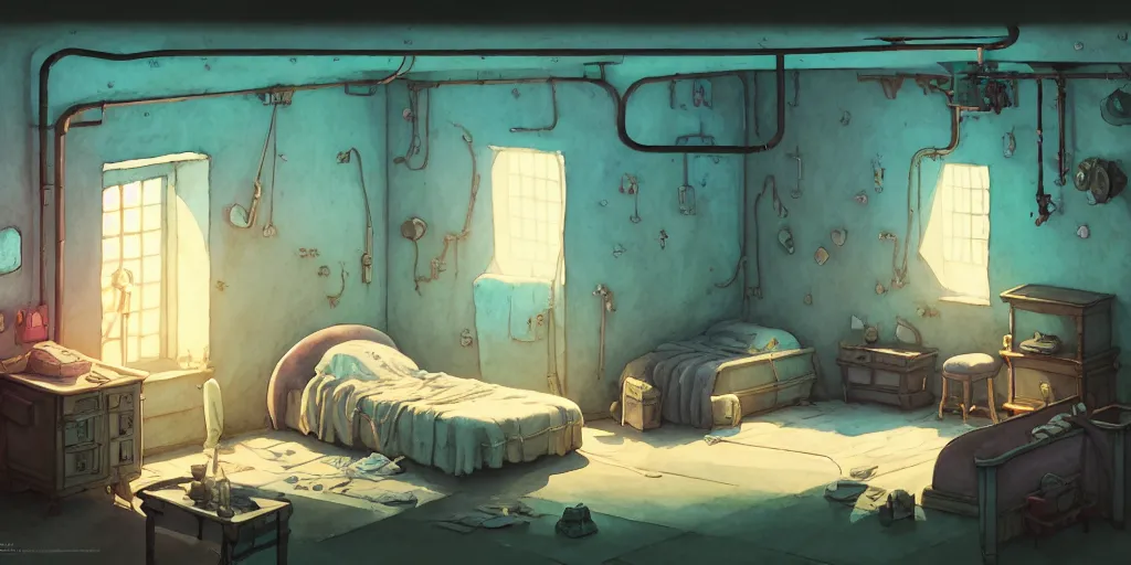 Image similar to room in the sewers, the room is delicate and neat, bed is made, sword rack above the bed, detailed, artstation, 8 k, sci - fi, pastel colors, props, panel, concept, simon stalenhag, in watercolor gouache detailed paintings, moebius, blueprint, building, living room, detailed, posters, sofa