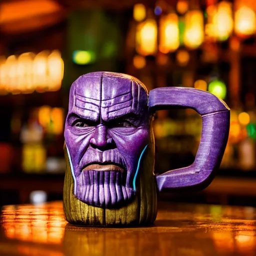 Prompt: a closeup photorealistic photograph of a glossy thanos style tiki mug sitting at a trader vic's bar featuring the face of thanos. tiki party. bright scene. fine detail. this 4 k hd image is trending on artstation, featured on behance, well - rendered, extra crisp, features intricate detail, epic composition and the style of unreal engine.