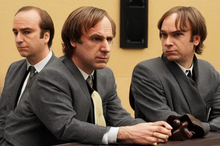 Image similar to saul goodman and anakin skywalker wearing prisoner's uniform in court, court images, 1 0 8 0 p, court archive images