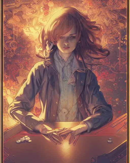 Prompt: a girl shuffling cards, midshot single subject, art poster, ambient lighting, detailed, by ayami kojima, makoto shinkai, kilian eng