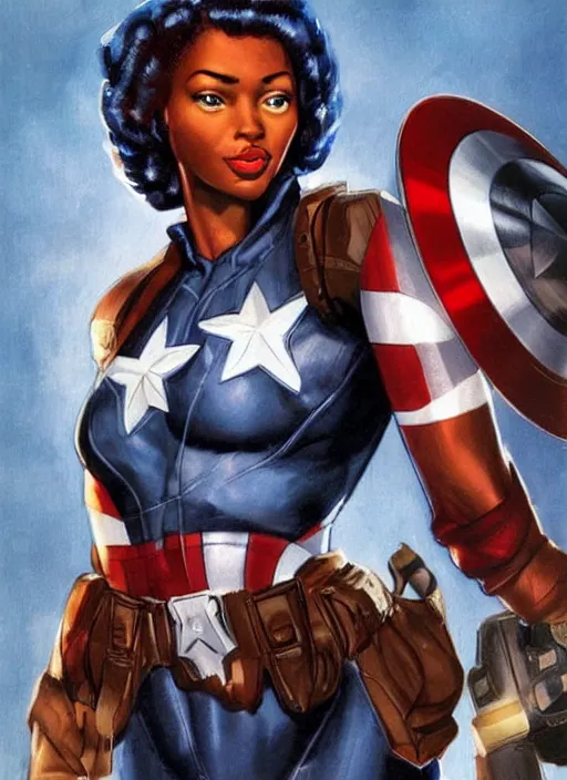 Image similar to beautiful black female captain america. afro - feminist captain america wins wwii. american wwii propaganda poster by james gurney, rob liefeld and pixar. gorgeous face. overwatch, realistic. black power