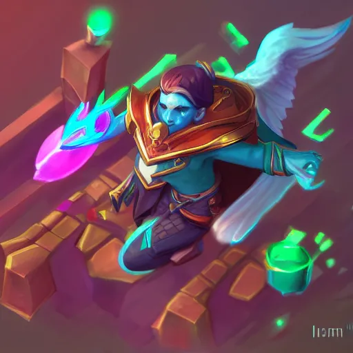 Image similar to Concept art of the new League of Legends Champion on Summoner's Rift, Isometric, Digital Painting, Bright Colors, Trending on Artstation, Character Reference Sheet