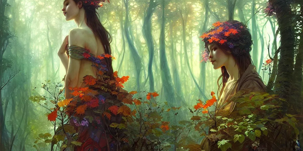 Image similar to a beautiful illustration of a mystic colourful forest, intricate, sharp focus, illustration, highly detailed, digital painting, concept art, matte, art by wlop and artgerm and greg rutkowski and alphonse mucha, masterpiece