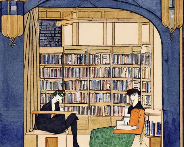 Image similar to cozy bookstore simple geometric watercolor painting george barbier