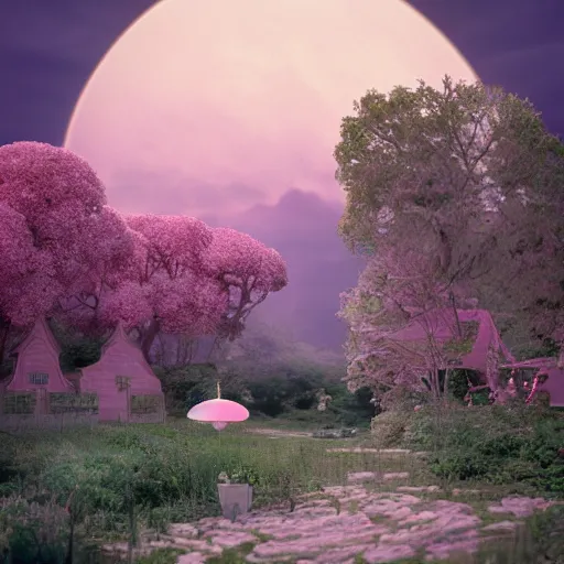 Prompt: a path to a dream crystal pink estate, clouds like Marshmallow, the image is like beautiful dream, pink sun, 4k post-processing highly detailed, art station, unreal engine + cinematography by Wes Anderson, Wide angle shot, 1970s Marie Antoinette, futuristic, volumetric light, Fuji film, intricate detail, hyperreal, hyperrealistic, 4K, Octane render, unreal engine cinematic, sublime atmosphere,