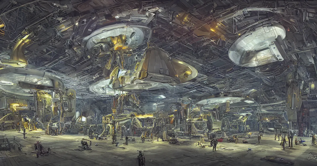 Image similar to Interior of the hall in area 55, full of alien military equipment, engineers working on flying saucers, high detail, wide perspective, saturated colors, digital art, amazing concept art, by Darwin Cellis