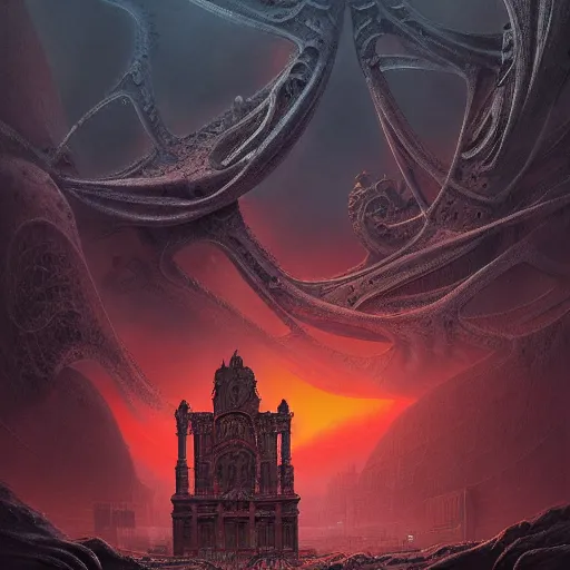 Image similar to sci - fi concrete alien eldritch demonic baroque rococo gothic architecture in hell, babylonian, ziggurat, zaha hadid, beksinski, wayne barlowe, oil painting, photoreal, highly detailed, 8 k, hd, vray, artstation, cinematic matte painting, extreme detail photo quality, sunset, featured on behance