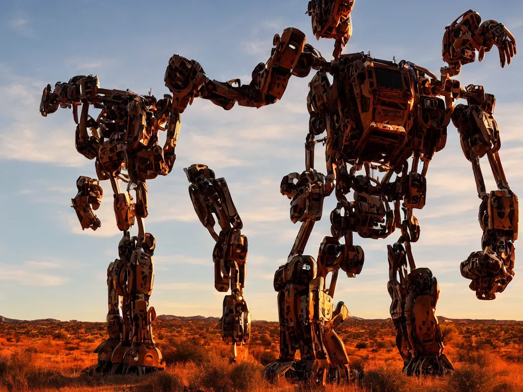 Image similar to in the American southwest at sunset, professional publicity photo of a futuristic giant humanoid mech robot with greebles, chipped paint weathered with rust