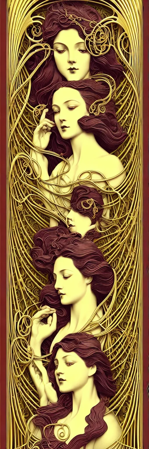 Prompt: the source of future growth dramatic, elaborate emotive 3D Art Nouveau frame styles to emphasise beauty as a transcendental, seamless pattern, symmetrical, large motifs, hyper realistic, 8k image, 3D, supersharp,Art nouveau 3D curves and swirls, Wires cables ropes Glass and Gold pipes, long wavy hair, vibrant jasmine and cherry blossom flowers, satin ribbons, pearls and gold chains, iridescent and black and rainbow colors , perfect symmetry, iridescent, High Definition, Octane render in Maya and Houdini, light, shadows, reflections, photorealistic, masterpiece, smooth gradients, no blur, sharp focus, photorealistic, insanely detailed and intricate, cinematic lighting, Octane render, epic scene, 8K