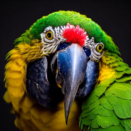 Prompt: closeup wet plate photograph of a double yellow - headed amazon parrot, daguerreotype, collodion photography, studio lights, eye catching, exaggerated texture, colorized