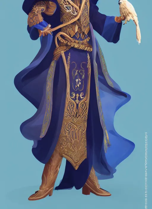 Image similar to male warlock with the head of a hawk, wind magic, blue robes, exquisite details, full body character design, white background, by studio muti