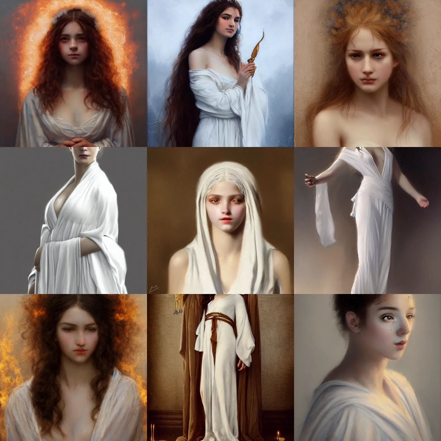 Prompt: a very beautiful portrait of a girl on fire! dressed in white greek burning robes by charles amable lenoir, highly detailed, intricate, sharp focus, award winning art, trending on artstation
