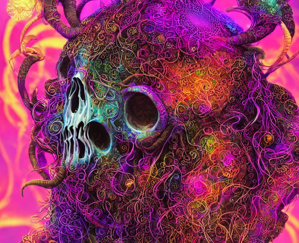 Image similar to psychedelic shaman close - up portrait goat skull. jellyfish phoenix head, nautilus, orchid, monkey skull, betta fish, bioluminiscent creatures, intricate artwork by tooth wu and wlop and beeple. octane render, trending on artstation, greg rutkowski very coherent symmetrical artwork. cinematic, hyper realism, high detail, octane render, 8 k