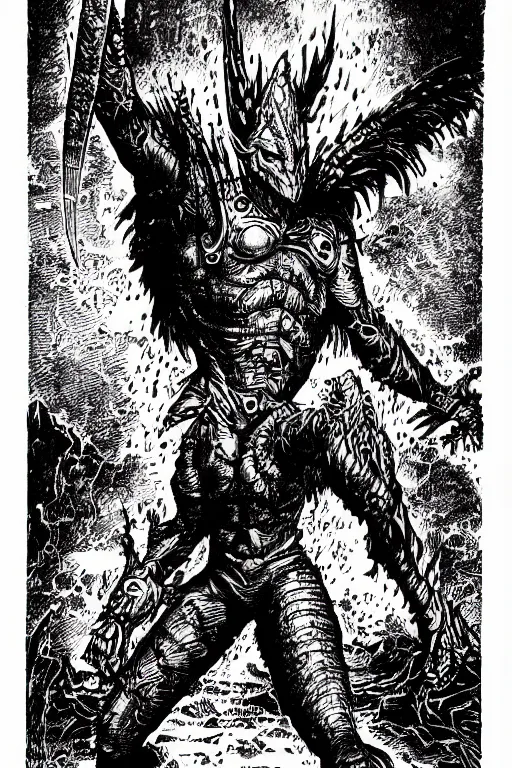 Image similar to the guyver as a d & d monster, pen - and - ink illustration, etching, by russ nicholson, david a trampier, larry elmore, 1 9 8 1, hq scan, intricate details, high contrast