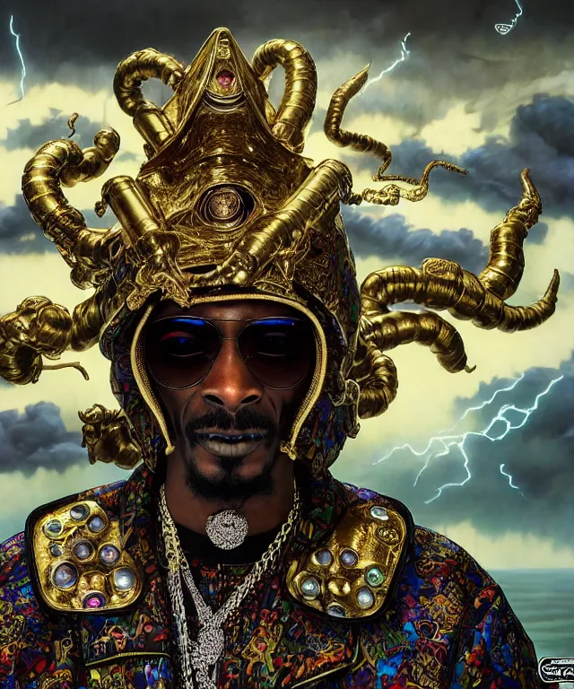 Prompt: hyperrealistic rendering, epic boss battle, ornate supreme snoop dogg, jewel crown, battle armor, by art of skinner and richard corben and artgerm and greg rutkowski and alphonse mucha, product photography, action figure, sofubi, storm clouds, outside, lightning