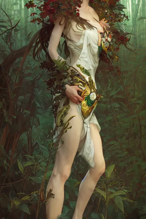 Image similar to full body forest queen akimbo portrait highly detailed, digital painting, artstation, concept art, smooth and sharp focus, illustration, art by tian zi and wlop and alphonse mucha