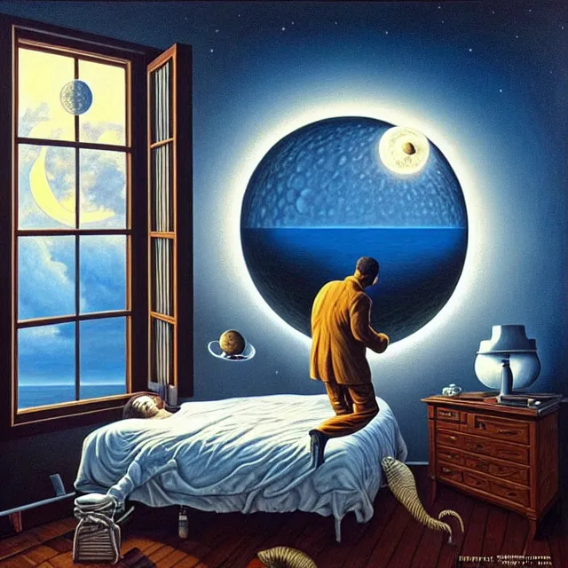 Image similar to an oil on canvas portrait of a man waking up and the moon is shining in through the window, surrealism, surrealist, lovecraftian, cosmic horror, rob gonsalves, high detail