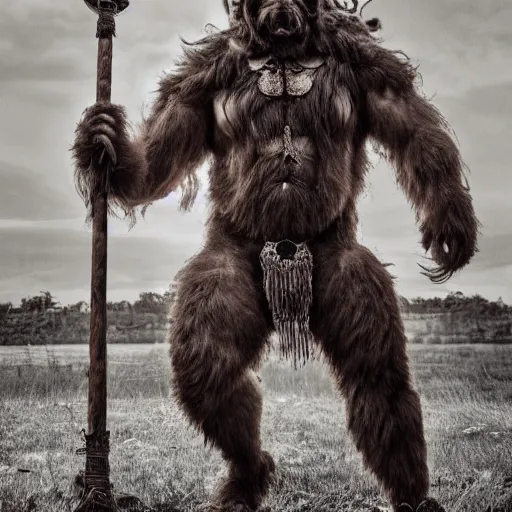 Prompt: photography of a giant hairy beast full body warrior with a ram head holding a wooden staff raised, toned muscles, intricate face details, steampunk vibes