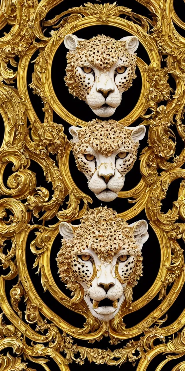 Prompt: beautiful portrait of a large ornate and intricate rococo cheetah face, symmetric, carved white marble with gold accents, 3 d, photorealistic, front facing, centered, hyper detailed, gold plated on black background, wallpaper, detailed and intricate emblem, baroque medallion,