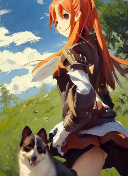 Image similar to Greg Manchess painting of Asuna Yuuki from SAO in casual wear out playing with the dogs, countryside, fantasy character portrait, dynamic pose, above view, sunny day, thunder clouds in the sky, artwork by Jeremy Lipkin and Giuseppe Dangelico Pino and Michael Garmash and Rob Rey, very coherent asymmetrical artwork, sharp edges, perfect face, simple form, wacky, 100mm