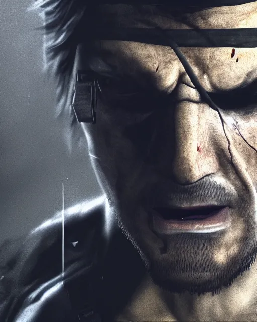Image similar to solid snake portrait, cinematic lighting, anguished crying screaming yelling, mouth open, black atmospheric background, 4 k photography hdr
