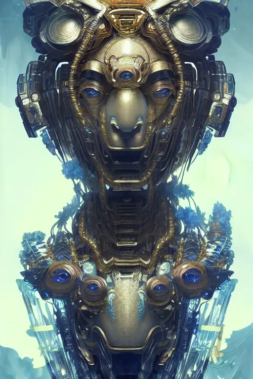 Image similar to asura from chinese myth, ghost, gorgeous and huge head ornaments, dystopian, cyberpunk, organic fractal mycelum and fungi, mecha, halfturn portrait of a big crystal face made of crystals half - turn, ominous, intricate, studio, art by anthony macbain + greg rutkowski + alphonse mucha, concept art, 4 k, sharp focus