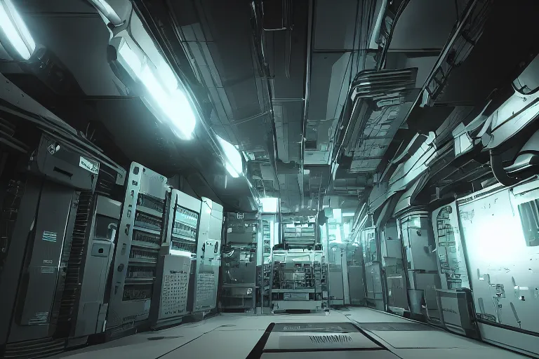 Image similar to parallax datacenter server room single mono colossus white rusty android robosaurus guard in artstation cinematic detailed concept art volumetric light sharp coherent cgsociety symmetric perfect server equipment