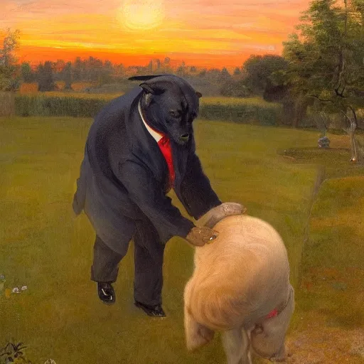 Image similar to a dog at sunset vomiting on Donald Trump, in a garden by Peder Krøyer, golden hour