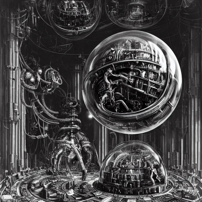 Prompt: A man huddled up inside a glass ball, the ball is surrounded by machines providing life support, it sits in a elaborate throne room, wide angle shot, by H.R. Giger.