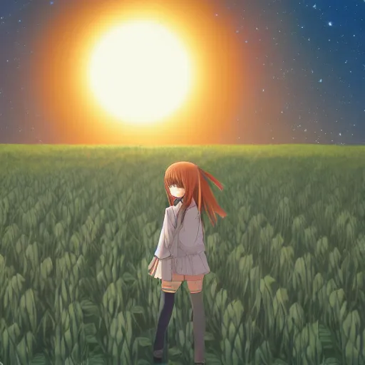 Image similar to anime illustration of Holo from Spice and Wolf standing in a wheat field at sunset, Holo if a wolf girl