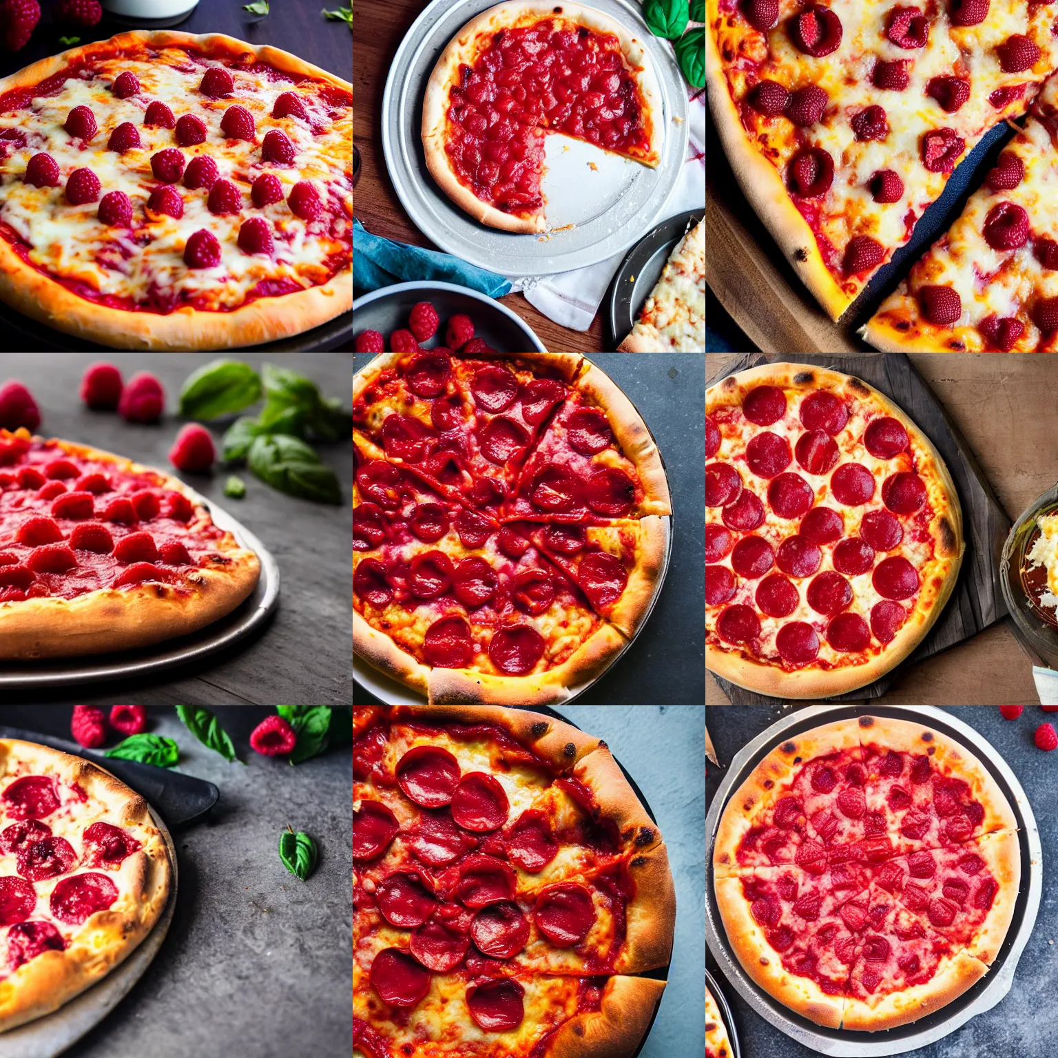 Prompt: a closeup of a cheesy raspberry deep dish pizza, on a table, professional food photography