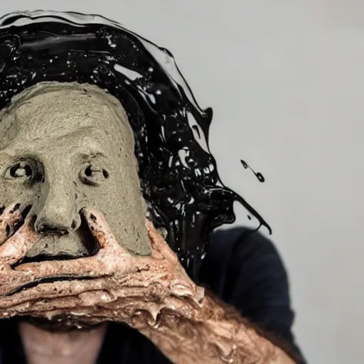 Image similar to a pile of extremely wet and barely moldable clay has been squished into the form of a human face, the artist is squishing his work in his hands, and the clay is looking hilarious like a face being squished