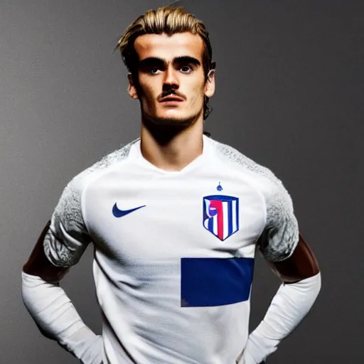 Prompt: a realistic detailed photo of a guy who is an attractive humanoid who is half robot and half humanoid, who is a male android, soccer player antoine griezmann, shiny skin, posing like a statue, blank stare, in a living room, on display, showing off his muscles, with a twin