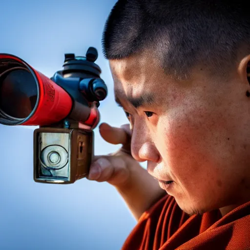 Prompt: a shaolin monk looking down the scope of a sniper rifle directly at the camera