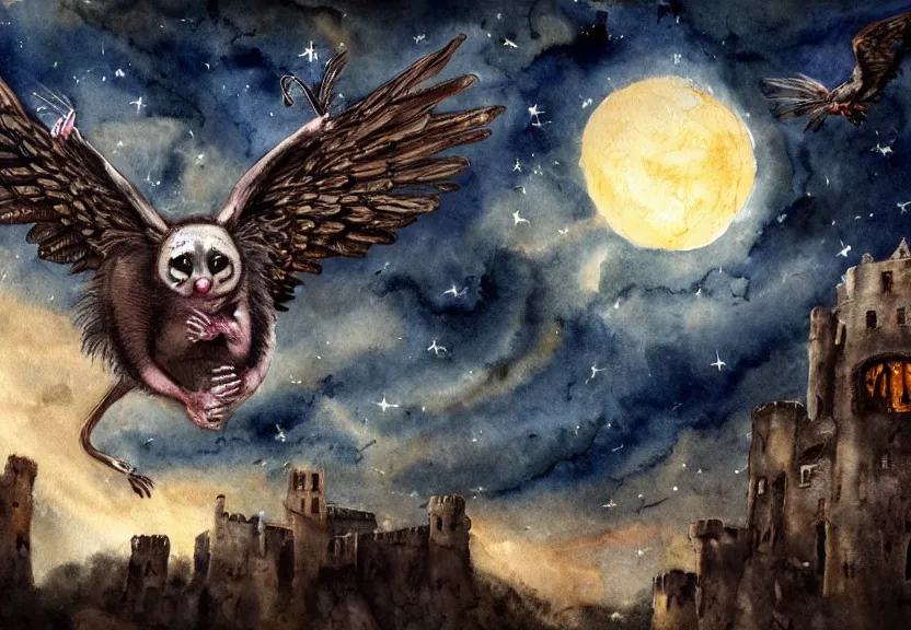 Image similar to Threatening winged possum flying over a medieval castle under a dark starred sky, dark fantasy, watercolor, dreaming illusion, highly detailed, 4k, trending on Artstation, award-winning