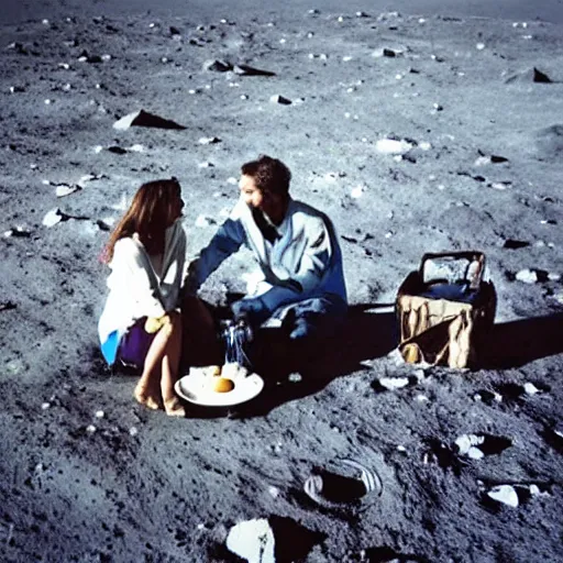 Prompt: beautiful romantic picnic on the moon looking at earth