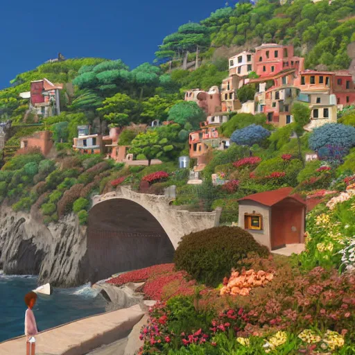 Image similar to pixar 3D render, by studio ghibli, (french bande dessinée), fantasy setting, mediterranean landscape, quaint village, cinq terre, highly detailed, luminous, style by moebius, concept art, unreal engine