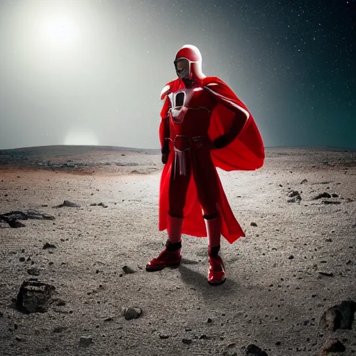 Image similar to portrait of a tall athletic muscular infantry man in glossy sleek white armor with tiny red details and a long red cape, heroic posture, on the surface of mars, night time, dramatic lighting, cinematic, sci-fi, hyperrealistic, movie still