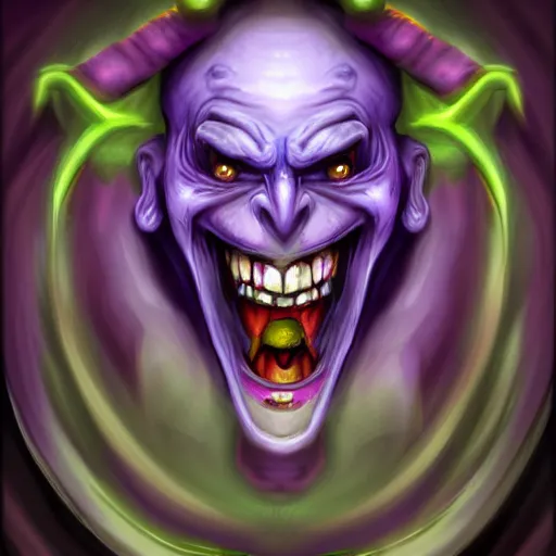 Prompt: a violet evil laughing jester, fantasy digital art, in the style of hearthstone artwork