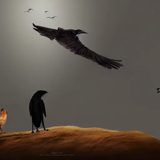 Prompt: a crow and a squirrel walking towards the horizon, matte painting, digital art, artstation,