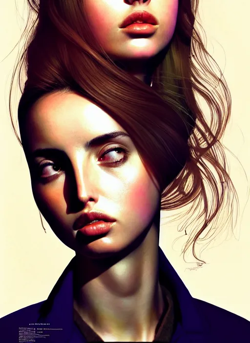 Image similar to hyper realistic zoomed out portrait of ana de armas wearing clothes from the fifth element, rachael rosen from blade runner, by hsiao ron cheng, ngai victo, nivanh chanthara jean delville wlop and dougherty patrick, trending on artstation, soft light