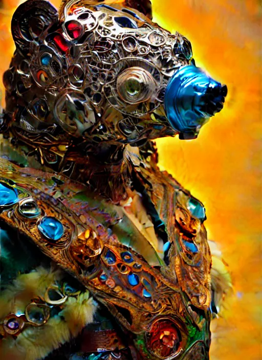 Image similar to organic cyborg, brightly coloured bear mask opening, diffuse lighting, fantasy, intricate, elegant, highly detailed, lifelike, photorealistic, digital painting, artstation, illustration, concept art, smooth, sharp focus, art by John Collier and Albert Aublet and Krenz Cushart and Artem Demura and Alphonse Mucha