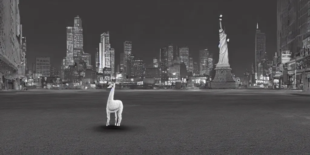 Image similar to a llama walking through a desolate manhattan city street at night, statue of liberty seen in the background, realistic 4 k octane beautifully detailed render, 4 k post - processing, highly detailed, detailed face, intricate complexity, epic composition, magical atmosphere, cinematic lighting, masterpiece, ultra hd