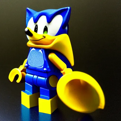 Prompt: sonic the hedgehog as a lego minifigure, high quality digital photography